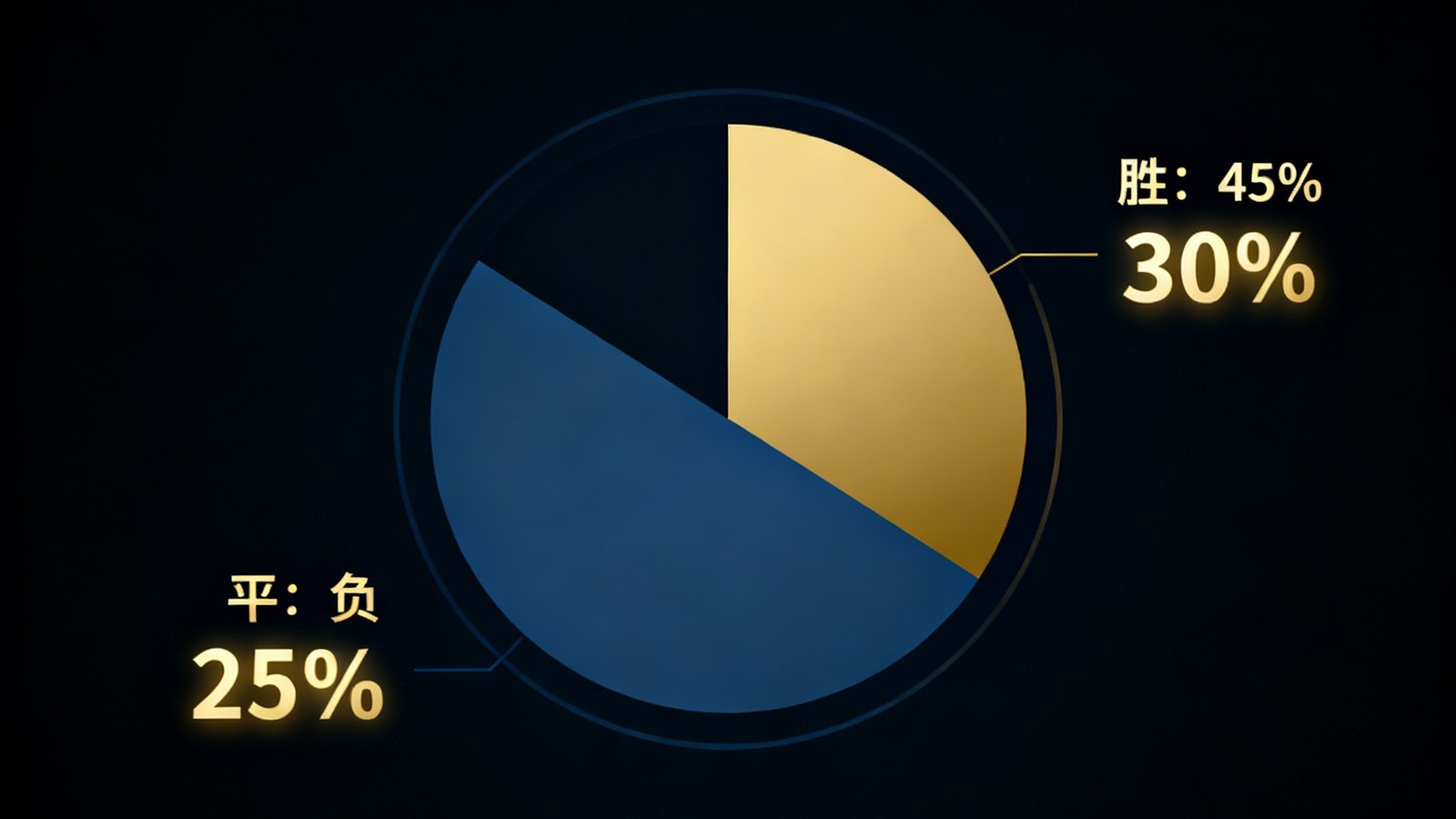 AI智能预测模型界面，以饼图和百分比形式展示一场足球比赛的胜平负概率分布，界面采用深色主题配金色数据高亮，科技感十足